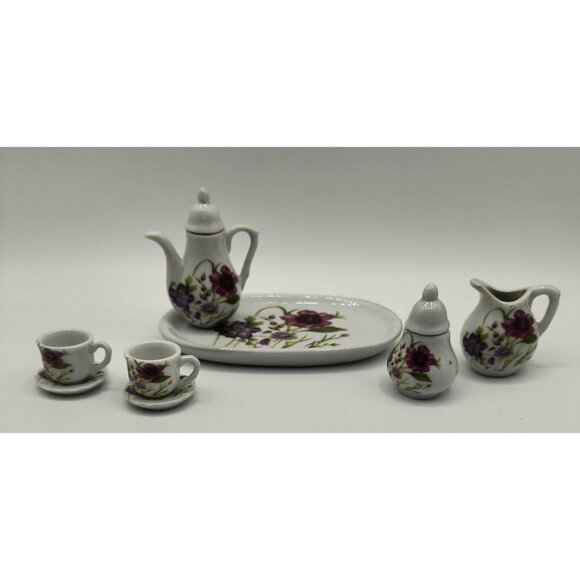 Miniature Royal Norfolk Porcelain Tea Set With Purple Floral Design - Picture 3 of 5
